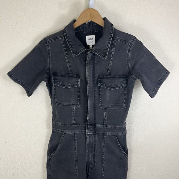Aerie Utility Jumpsuit Womens S Small Charcoal Ash Black Zip Short Sleeve - Picture 4 of 8